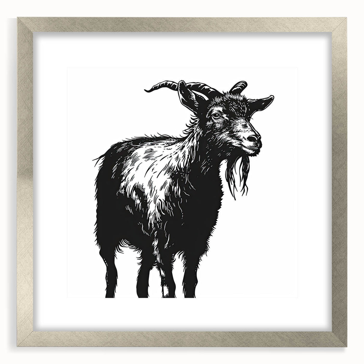 Framed wall art featuring a silver mat and a striking goat design, showcasing a blend of modern and wildlife aesthetics, perfect for home décor.