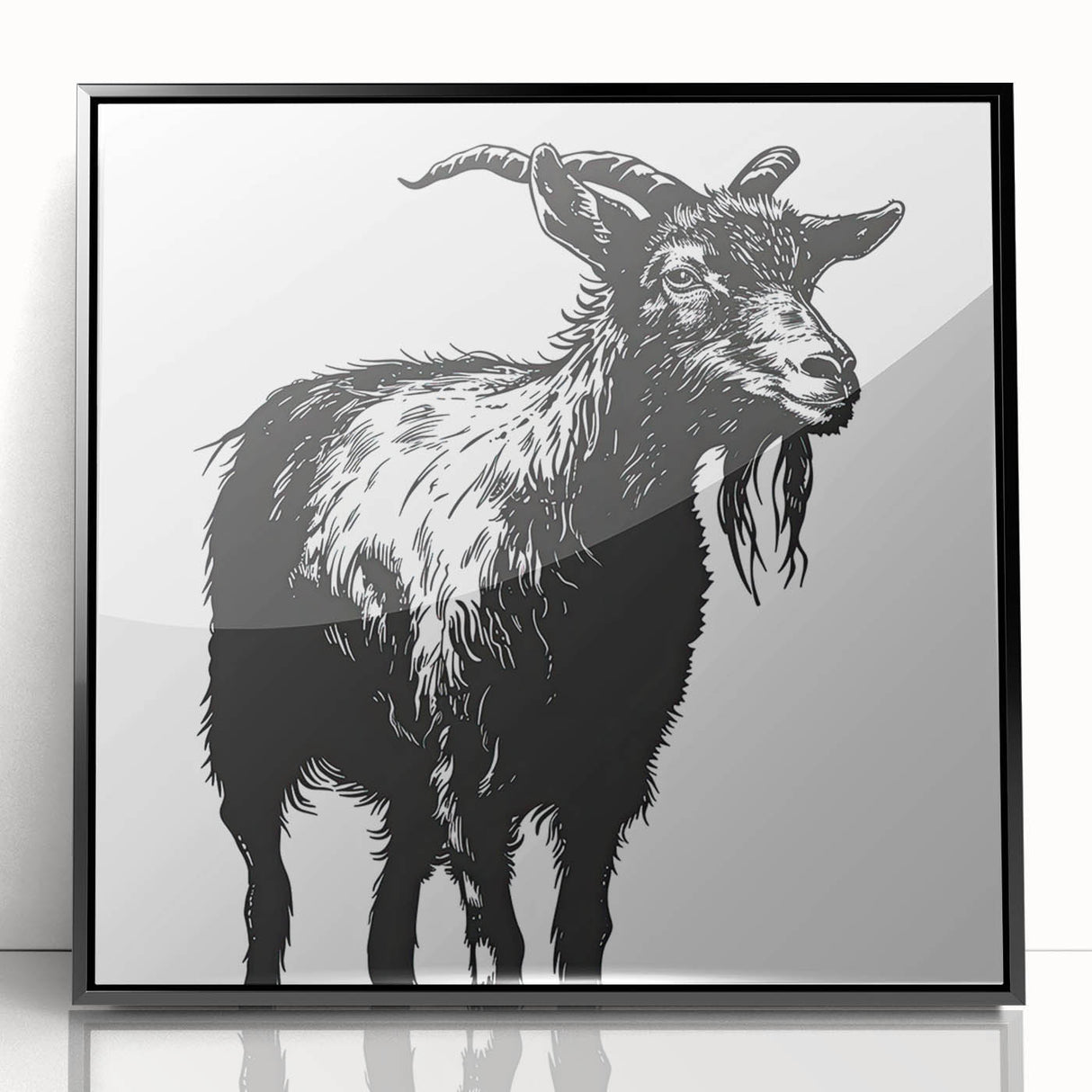 Framed wall art featuring a striking goat design from the "Wild Life" collection, displayed in a sleek black frame with acrylic front, perfect for animal lovers and modern decor.