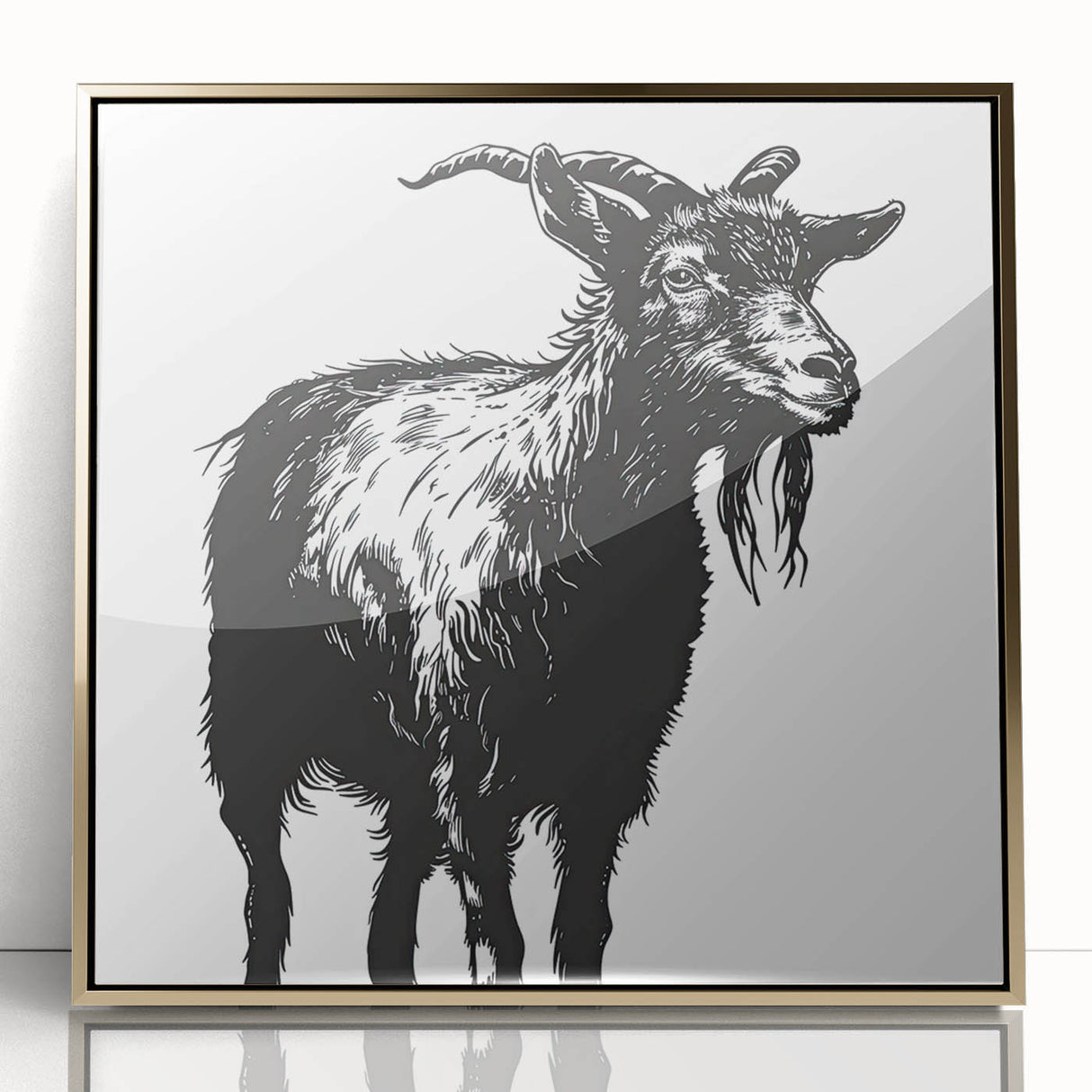 Framed acrylic wall art showcasing a stylish goat design in gold, perfect for animal lovers, adding a touch of elegance to any room decor.
