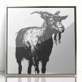 Framed wall art featuring a striking goat design with intricate details, set in a silver frame, perfect for enhancing home decor and showcasing wildlife themes.
