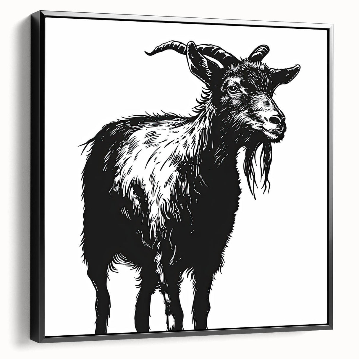 Framed canvas wall art showcasing a striking black goat design from the "Animals: A Wild Life" collection, highlighting intricate details and textures, perfect for animal lovers.