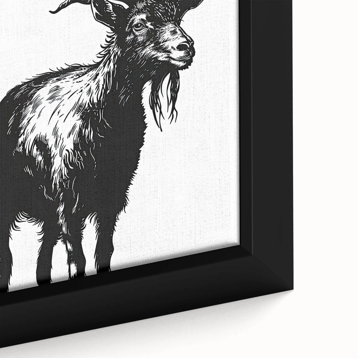 Close-up of a framed canvas wall art featuring a realistic goat design, showcasing intricate details and vibrant colors, ideal for animal lovers and home decor enthusiasts.