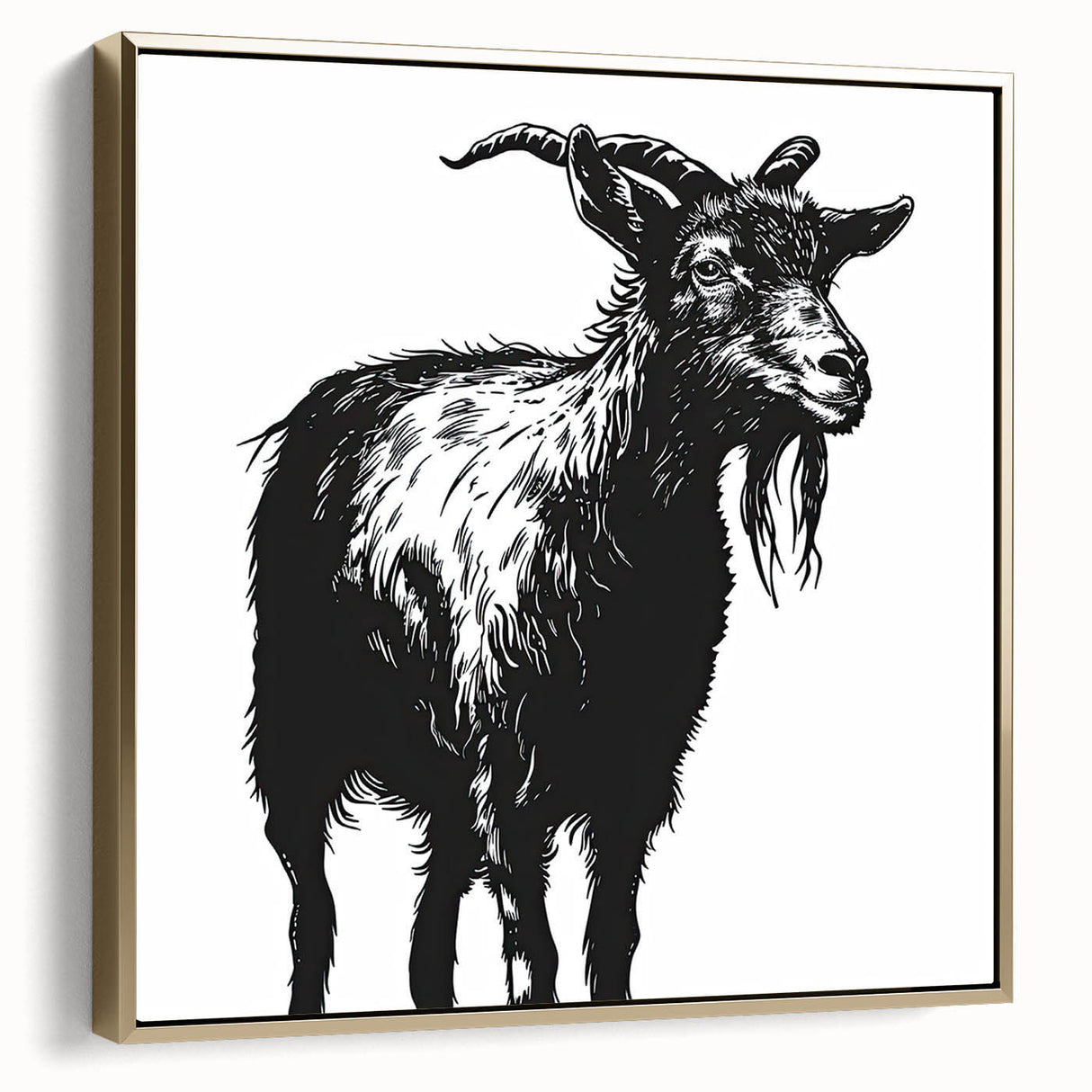 Framed wall art featuring a gold-accented goat design, ideal for animal lovers, showcasing intricate details and vibrant colors, perfect for home decor.