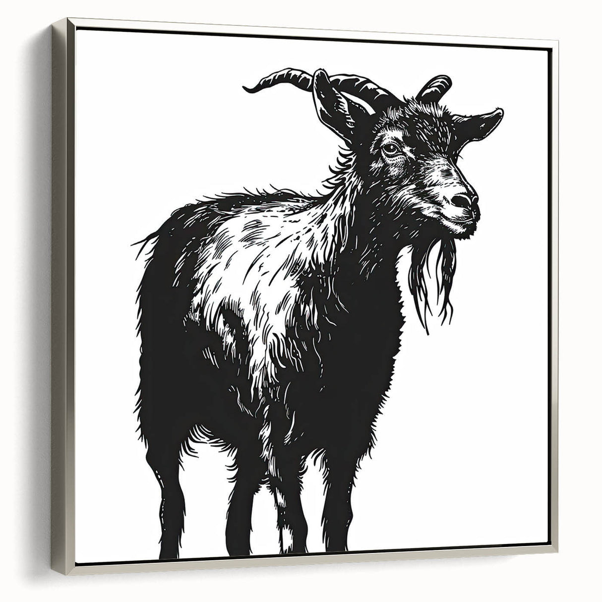 Framed canvas wall art showcasing a stylish goat design from the "Animals: A Wild Life" collection, featuring a silver frame and side view display, perfect for modern decor.