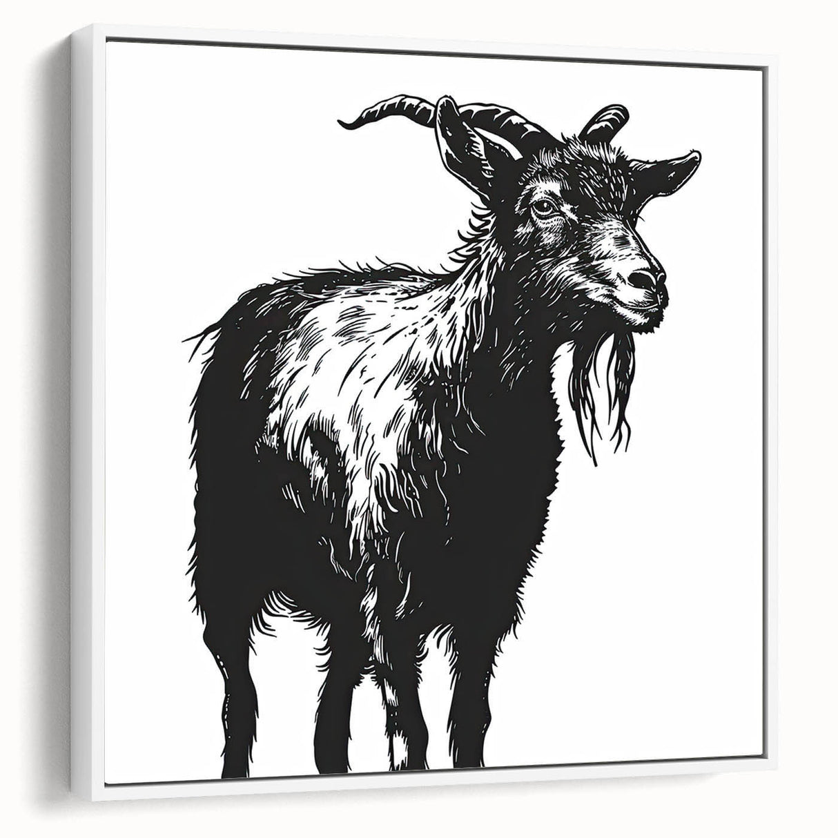 Framed canvas wall art showcasing a striking goat design from the 'Animals of the Wild' collection, featuring a white background and side view perspective, ideal for animal lovers and modern decor enthusiasts.