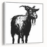 Framed canvas wall art showcasing a striking goat design from the 'Animals of the Wild' collection, featuring a white background and side view perspective, ideal for animal lovers and modern decor enthusiasts.