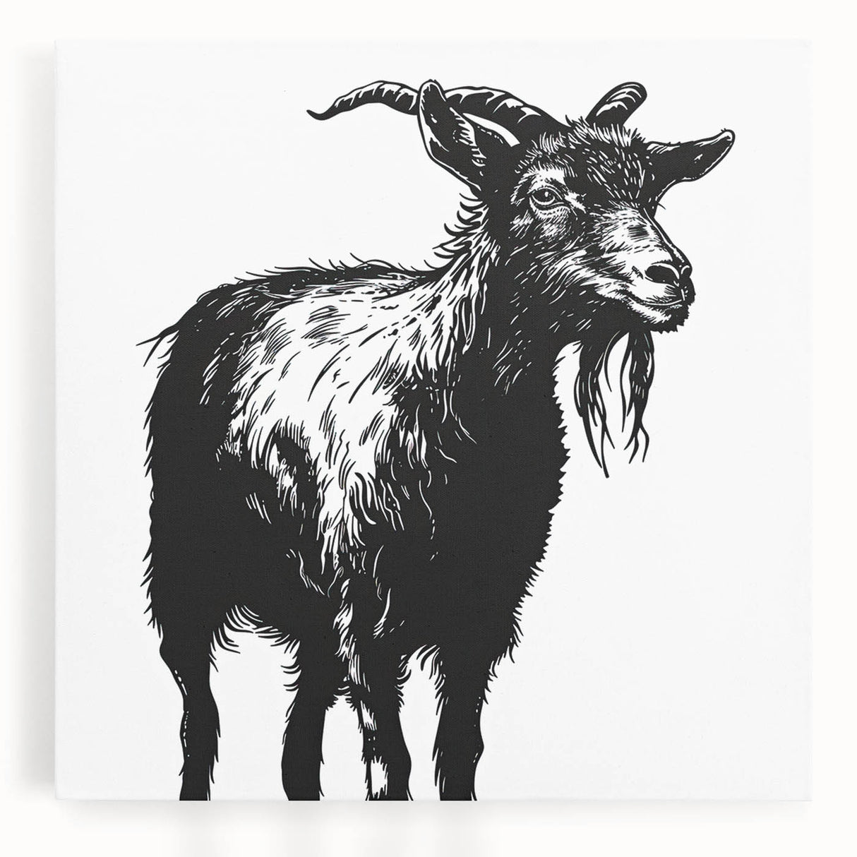 Stretched canvas art featuring a majestic goat design, showcasing intricate details and vibrant colors, perfect for nature-themed home decor or animal lovers.