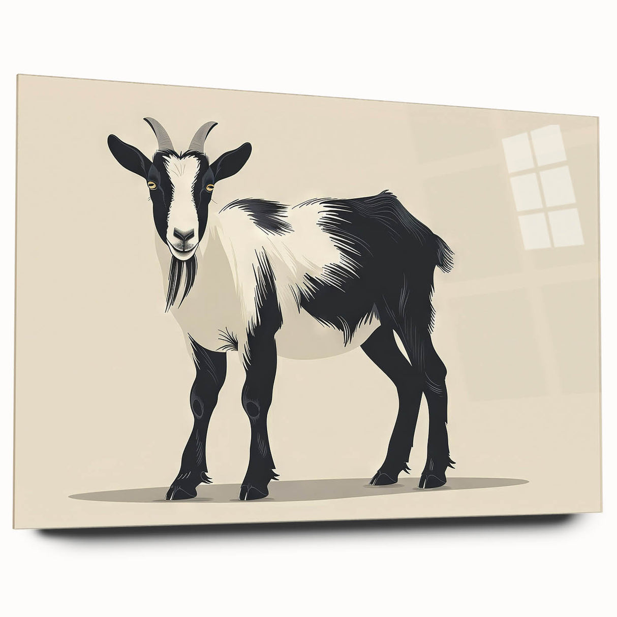 Side view of a contemporary acrylic glass wall art piece depicting a wild goat design, showcasing vibrant colors and intricate details, perfect for animal lovers and modern decor.
