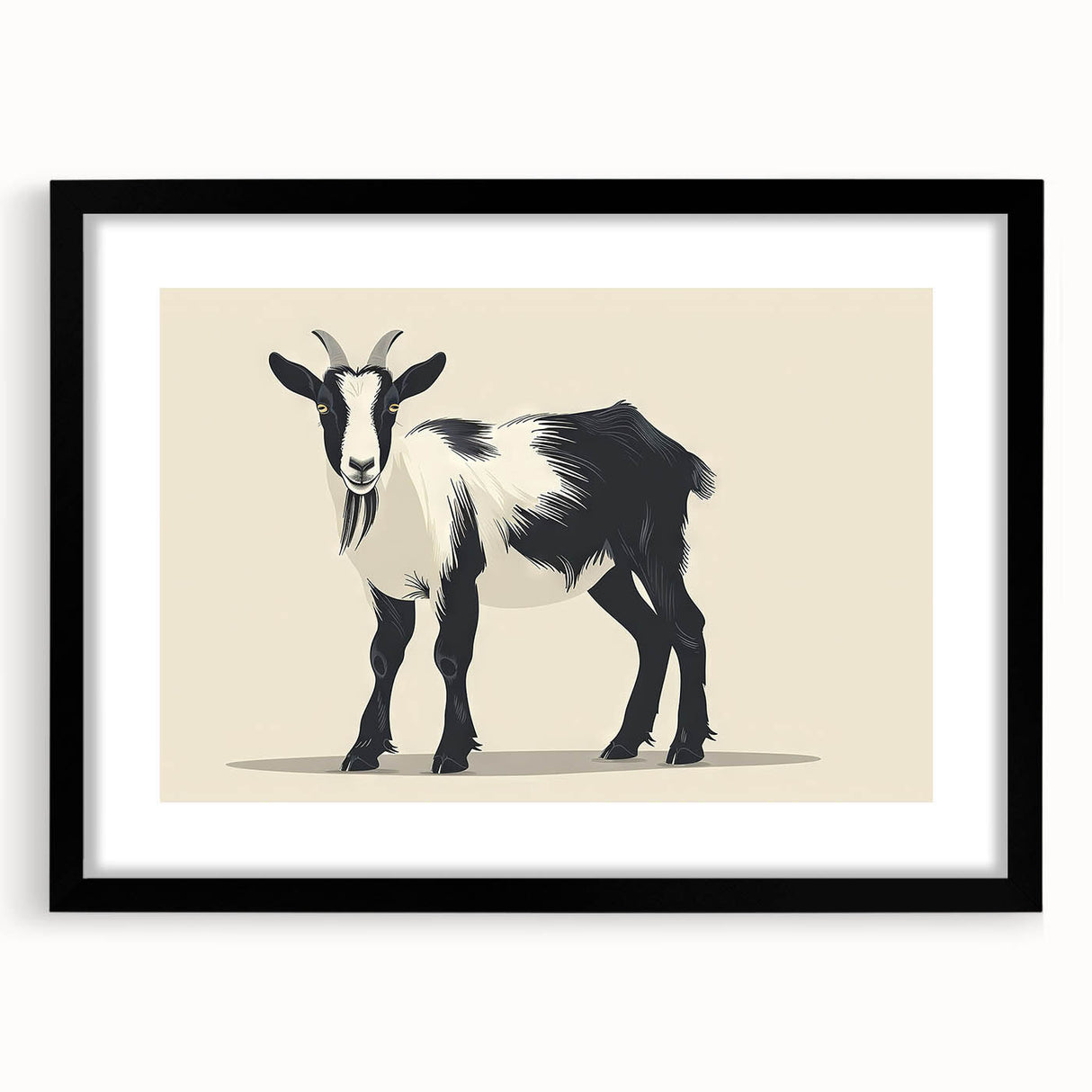 Framed wall art featuring a striking black goat design set against a minimalist background, perfect for nature enthusiasts and modern decor. The artwork is elegantly matted, enhancing its visual appeal and making it a delightful addition to any living space or gallery wall.