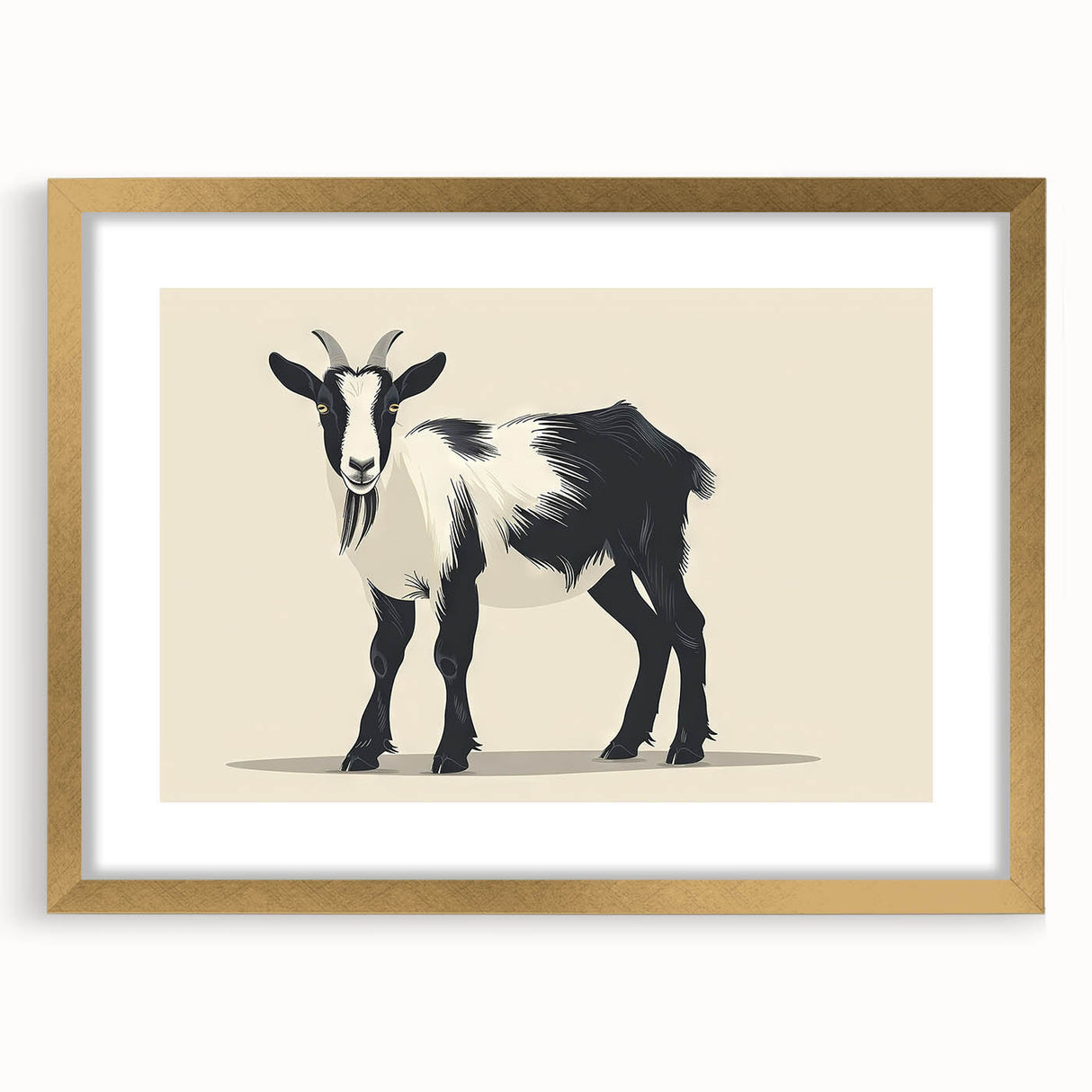 Framed wall art featuring a stylized goat design from the "Animals: A Wild Life" collection, with a gold mat and frame, ideal for modern home decor.