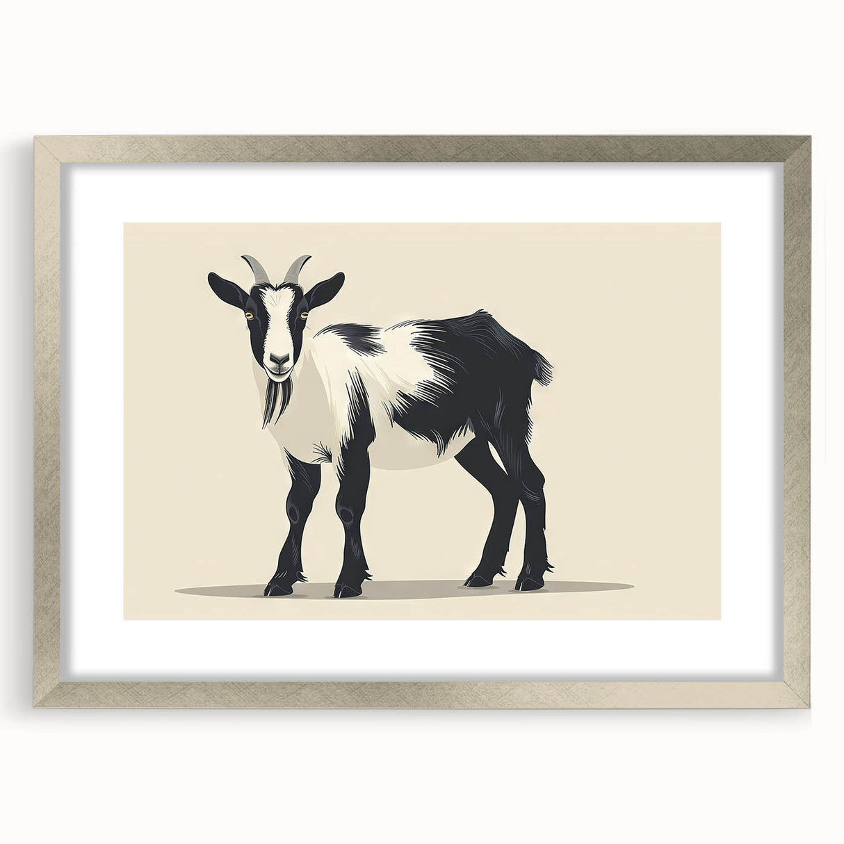 Framed wall art featuring a goat design from the "Animals: A Wild Life" collection, presented in a silver frame with a mat, perfect for adding a stylish touch to any decor.