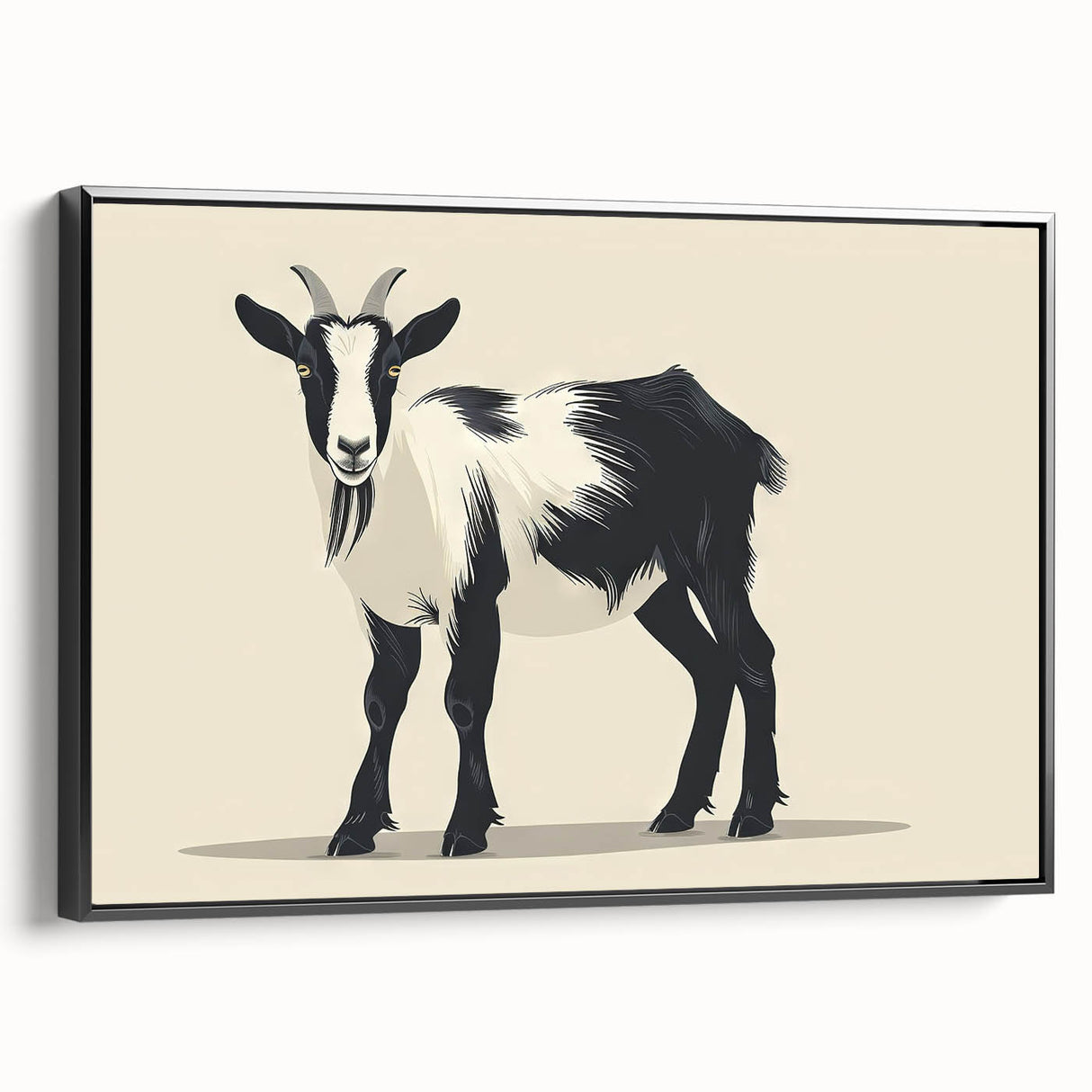 Framed canvas wall art featuring a striking goat design, showcasing intricate details and vibrant colors, set against a sleek black frame for a modern aesthetic. Ideal for animal lovers and art enthusiasts, this piece adds a unique touch to home decor.