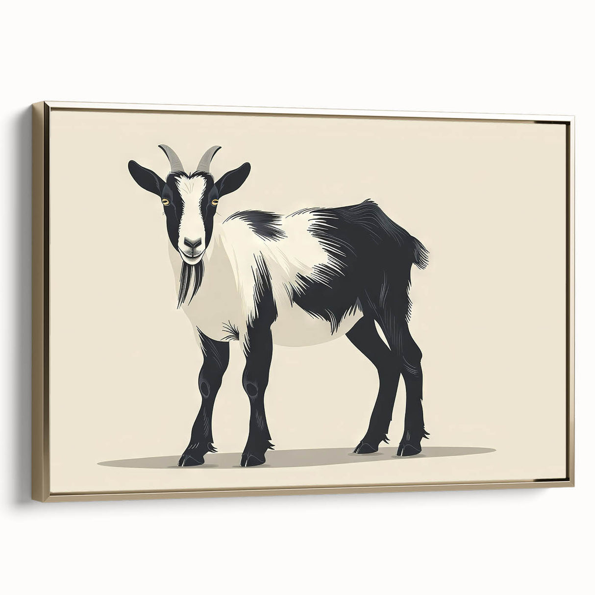 Framed wall art showcasing a striking goat design in a wild animal theme, featuring a gold frame and vibrant colors, perfect for home decor enthusiasts.