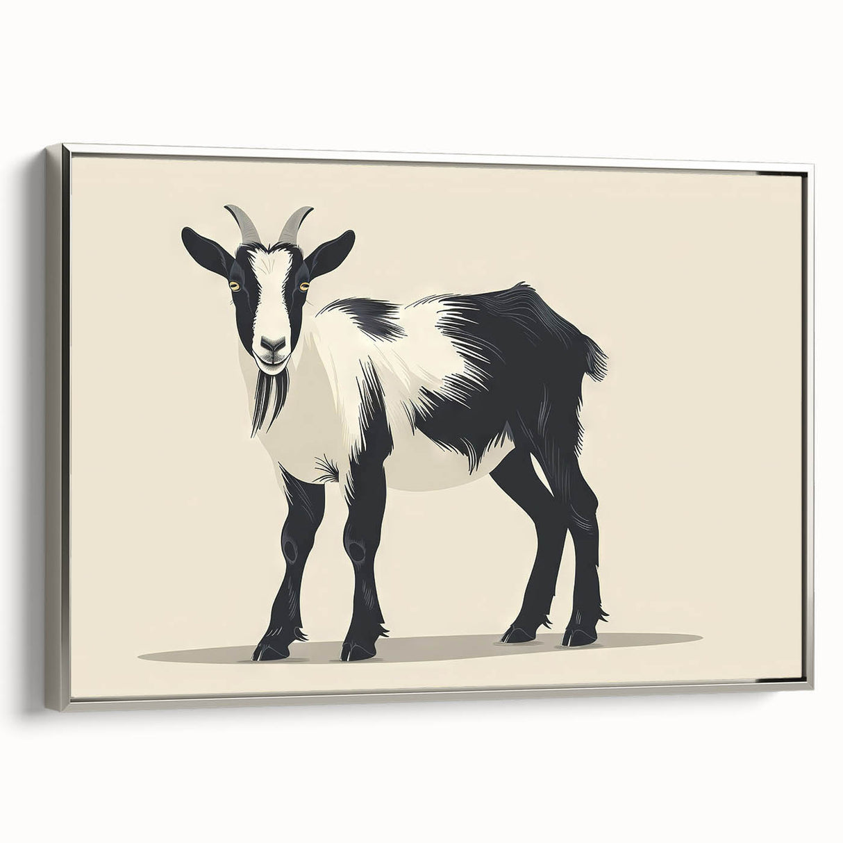 Framed wall art featuring a stylized goat design from the "A Wild Life" collection, showcasing intricate details and a sleek silver frame, perfect for modern decor.