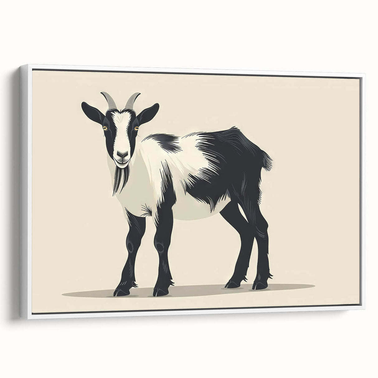 Framed wall art featuring a whimsical goat design in a modern aesthetic, set against a white background, showcasing vibrant colors and playful details. Ideal for animal lovers and home decor enthusiasts.