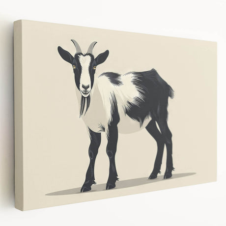 Stretched canvas wall art featuring a whimsical goat design in vibrant colors, showcasing playful details against a rustic background, perfect for animal lovers.