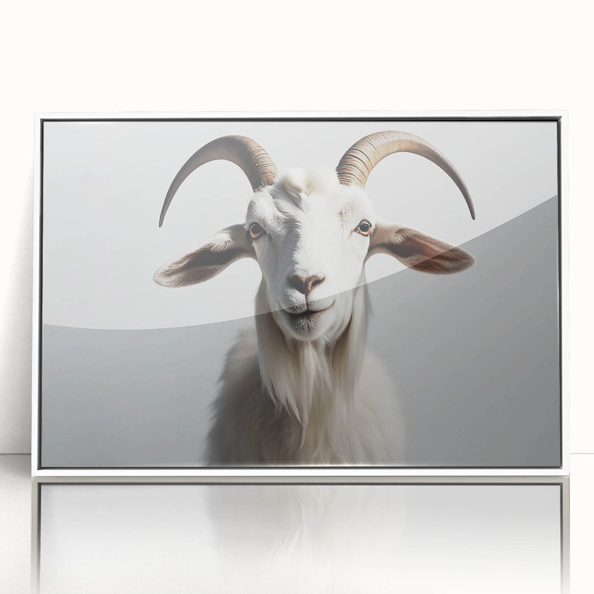 Framed wall art featuring a goat design in a wild life theme, with a sleek white frame and acrylic front, perfect for adding a modern touch to any decor.