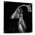 Side view of a goat-themed wall art piece, showcasing vibrant colors and intricate design details, mounted with pins on a clear acrylic glass background. Ideal for animal lovers and home decor enthusiasts.