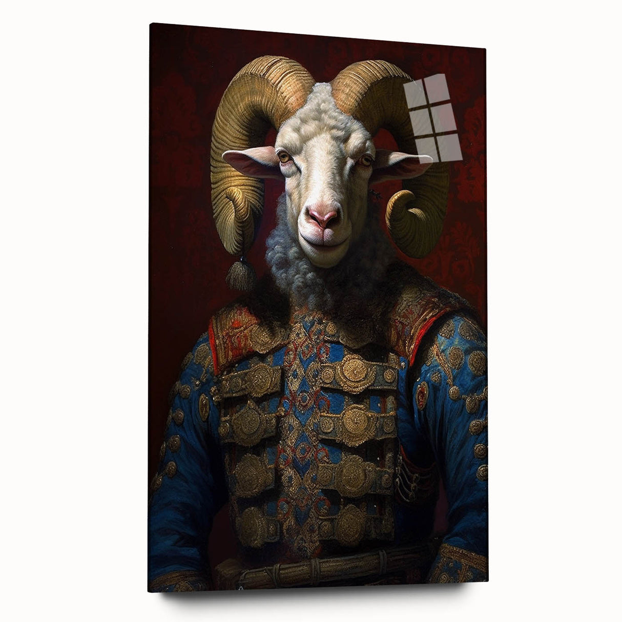 Side view of a modern goat-themed wall art design featuring vibrant colors and intricate detailing, displayed in an acrylic glass frame, perfect for animal lovers' decor.