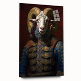 Side view of a modern goat-themed wall art design featuring vibrant colors and intricate detailing, displayed in an acrylic glass frame, perfect for animal lovers' decor.