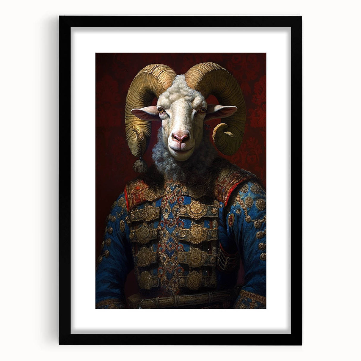 Framed wall art featuring a stunning goat design from the "Animals - A Wild Life" collection, presented in a sleek black frame with matting, ideal for modern home decor.