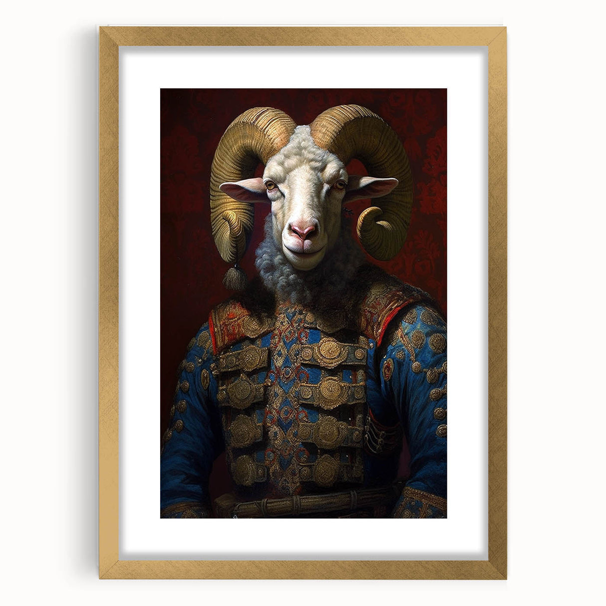Gold-framed wall art featuring a stylized goat design from the 'Animals A Wild Life' collection, set against a textured mat background, perfect for enhancing home decor.