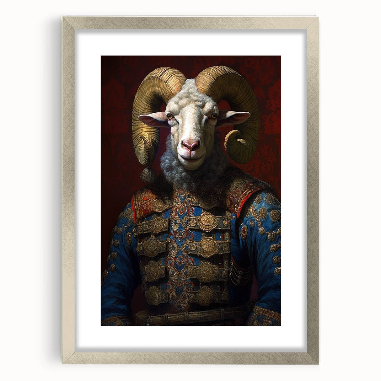 Framed wall art featuring a striking goat design from the 'Animals: A Wild Life' collection, with a silver frame and mat, showcasing vibrant colors and intricate details. Ideal for nature enthusiasts and stylish home decor.