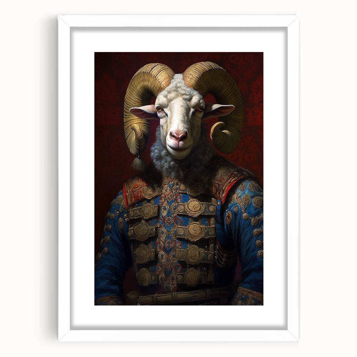 Framed wall art featuring a vibrant goat design from the "A Wild Life" collection, showcasing intricate details and a modern aesthetic with a white mat and frame.