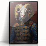 Framed acrylic wall art showcasing an artistic goat design, featuring a black frame and vibrant colors, ideal for wildlife enthusiasts and modern decor.