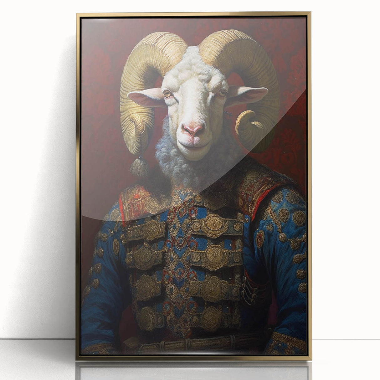 Framed wall art featuring a striking goat design with gold accents, showcasing a modern aesthetic suitable for animal lovers and contemporary decor.