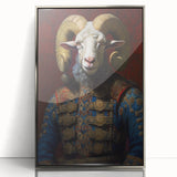 Framed wall art featuring a striking goat design in a modern silver frame, showcasing intricate details and vibrant colors, perfect for enhancing any contemporary decor.