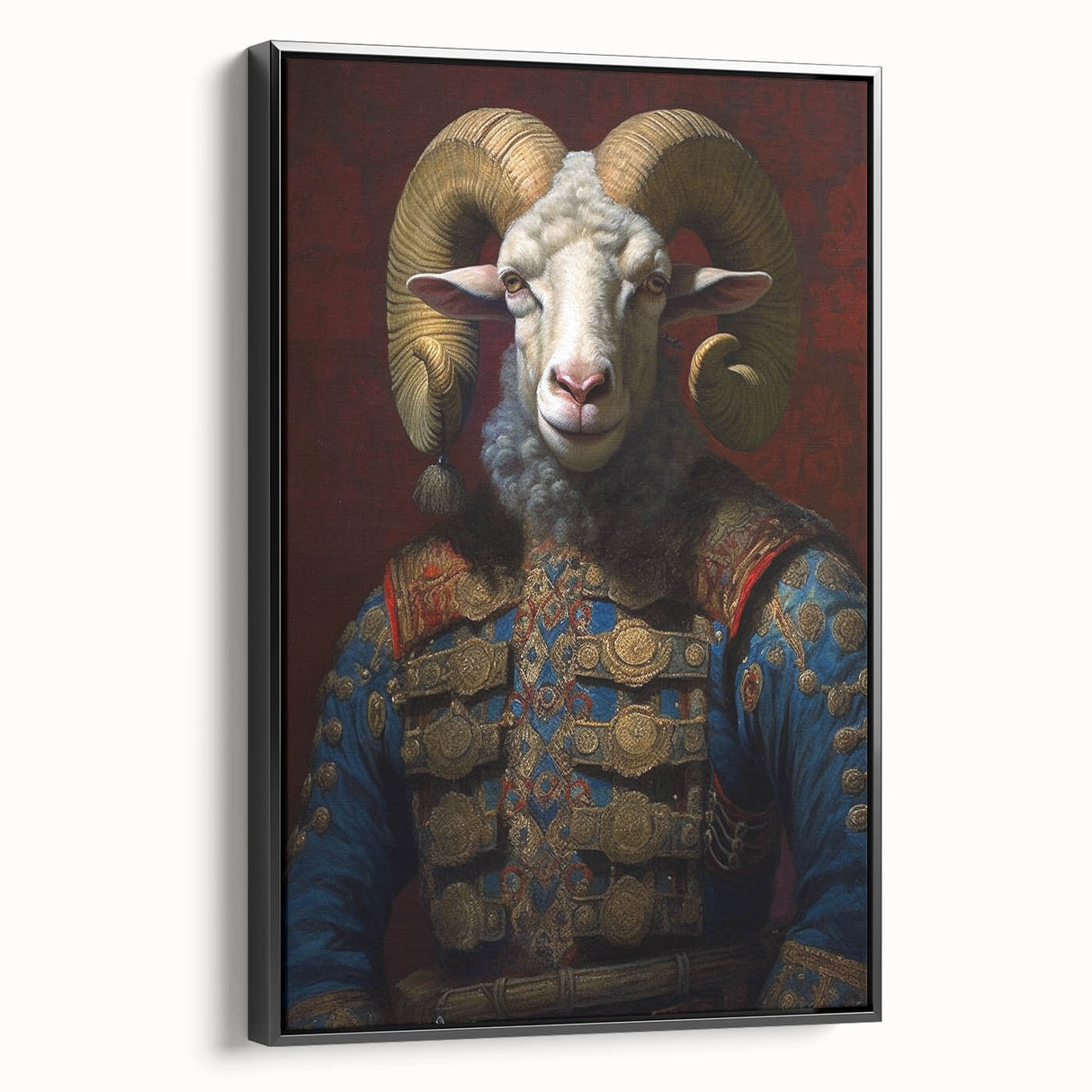 Framed wall art featuring a striking goat design in a wild life theme, showcasing intricate details and vibrant colors against a sleek black frame. Perfect for animal lovers and nature enthusiasts.
