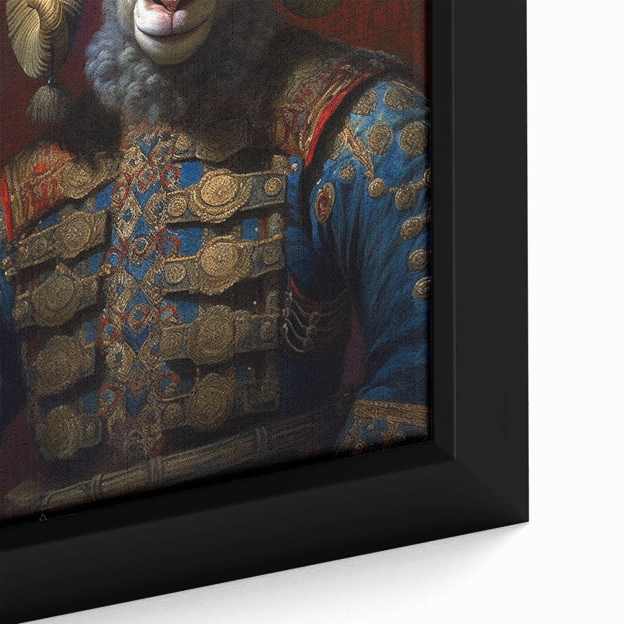 Close-up of a framed canvas wall art featuring a detailed design of a goat, showcasing vibrant colors and intricate textures, ideal for animal lovers and home decor.