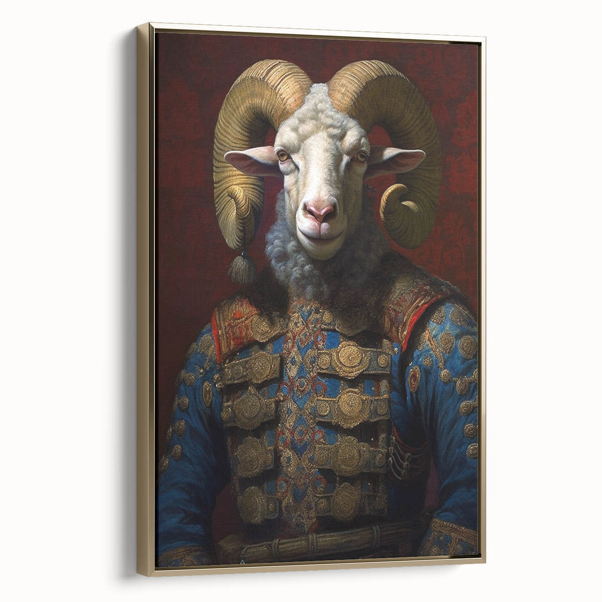 Framed wall art featuring a side view of a stylized goat design, showcasing intricate details and a gold frame, perfect for animal lovers and modern decor.