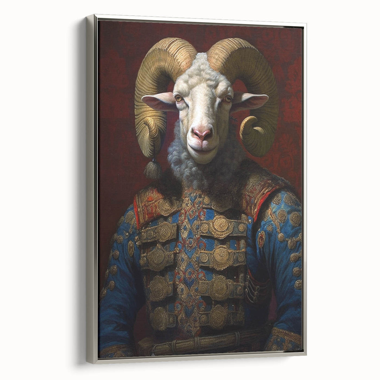 Framed wall art featuring a silver side view of a stylized goat design, showcasing intricate details and vibrant colors, perfect for animal lovers and modern decor.