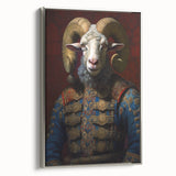 Framed wall art featuring a silver side view of a stylized goat design, showcasing intricate details and vibrant colors, perfect for animal lovers and modern decor.