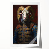 Rolled art print showcasing a vibrant goat design from the 'Animals of the Wild' collection, featuring intricate details and rich colors, ideal for animal lovers and art enthusiasts.