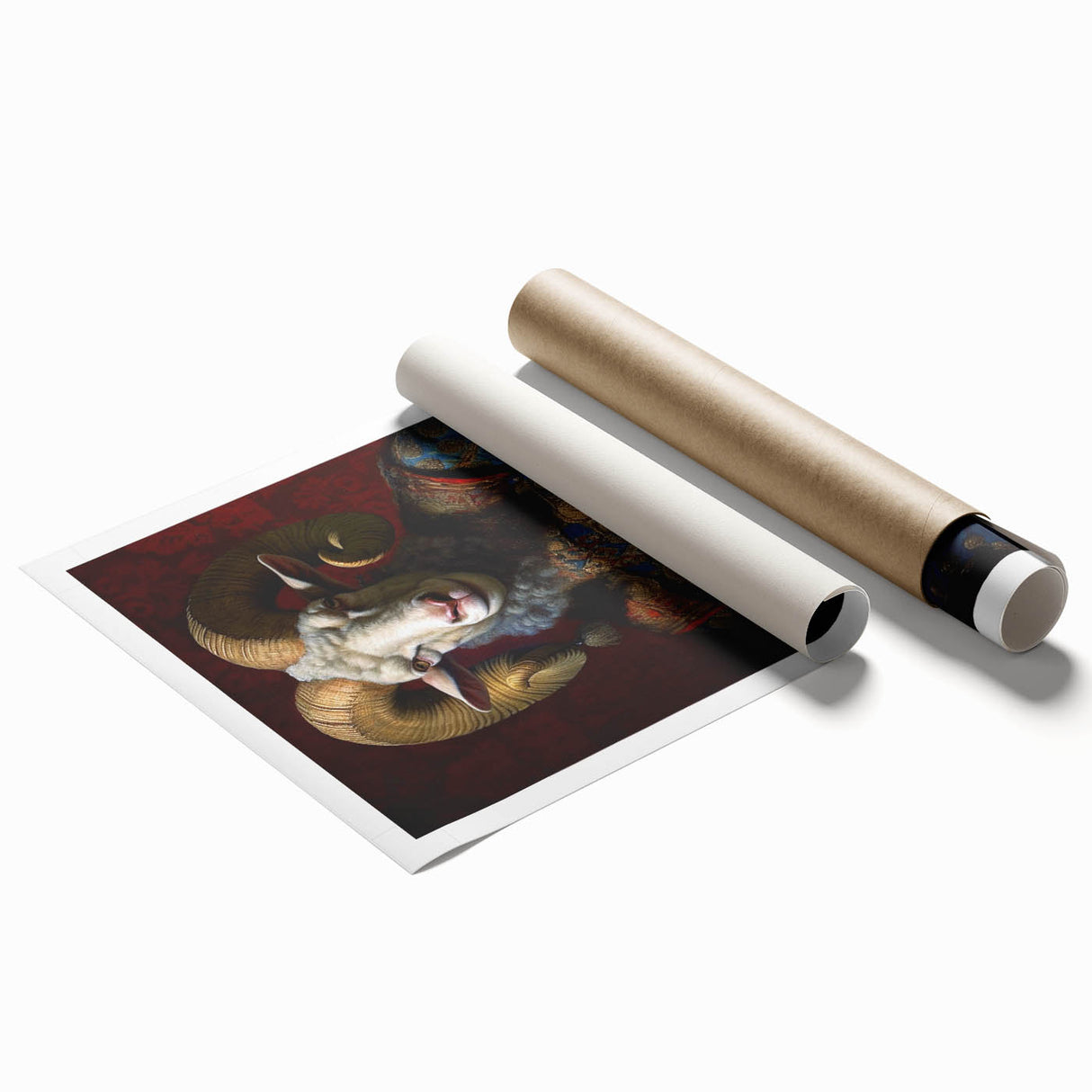 Rolled print of a whimsical goat design from the "A Wild Life" collection, showcasing vibrant colors and playful details, perfect for animal-themed decor.