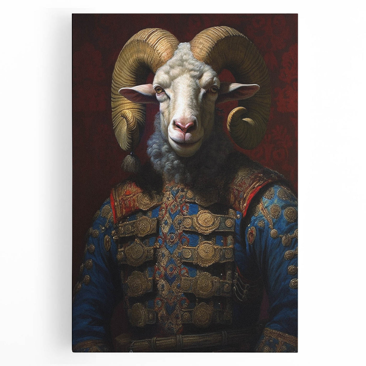 Stretched canvas wall art featuring a vibrant goat design from the "Animals: A Wild Life" collection, showcasing intricate details and bold colors, perfect for animal lovers and modern decor.