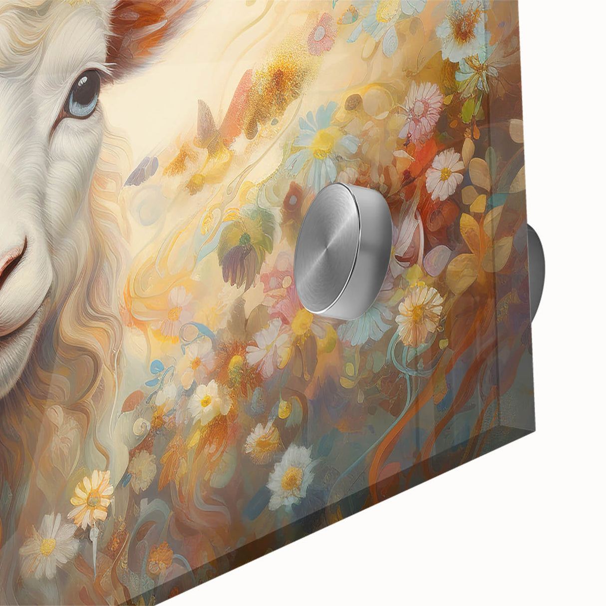 Close-up of a vibrant acrylic glass wall art piece featuring a detailed goat design from the "Animals - A Wild Life" collection, showcasing rich colors and textures, perfect for animal lovers and modern decor enthusiasts.