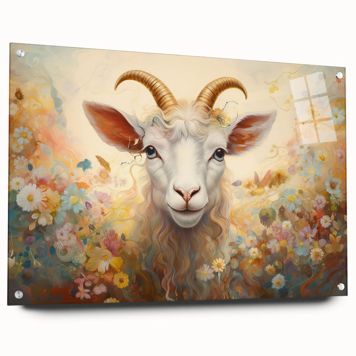 Acrylic glass wall art showcasing a side view of a goat design from the "Animals A Wild Life" collection, featuring vibrant colors and pin accents for unique display.