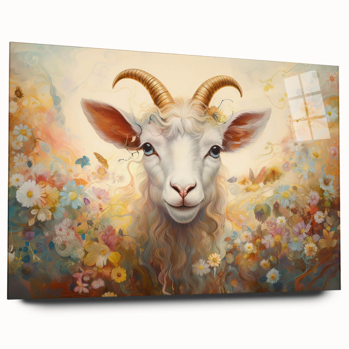 Side view of a goat-themed wall art piece from the "Animals A Wild Life" collection, displayed in acrylic glass, showcasing vibrant colors and intricate design details.