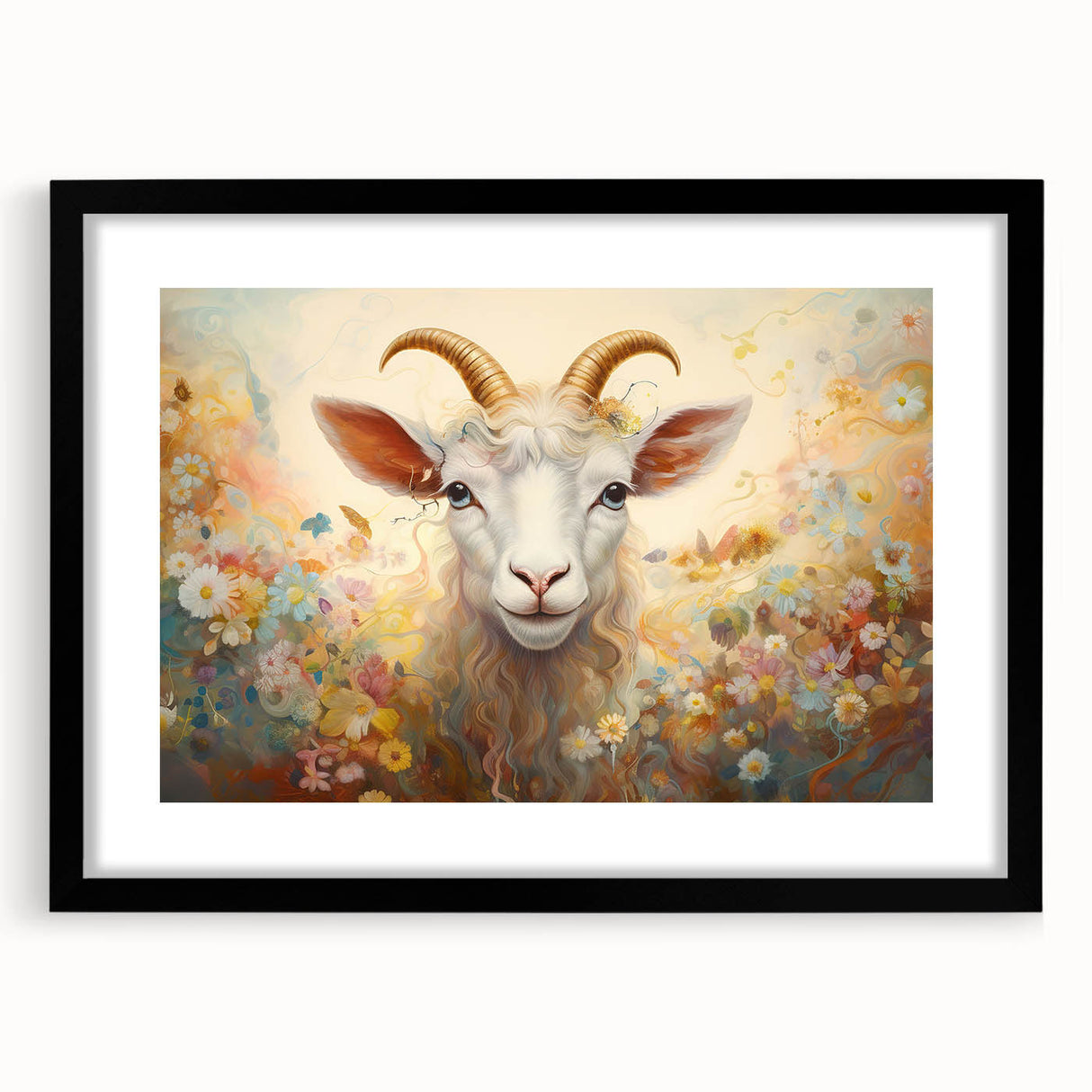Framed wall art featuring a black goat design from the 'A Wild Life' collection, showcasing intricate details against a white mat background, ideal for nature lovers.