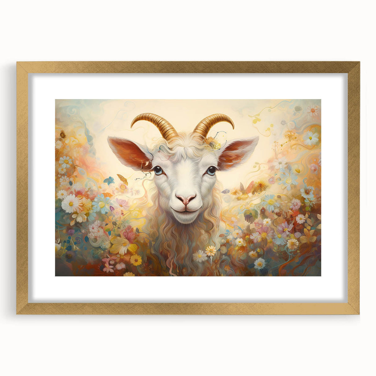 Gold-framed wall art featuring a whimsical goat design, part of a wildlife collection, with a mat and elegant presentation, perfect for modern decor.