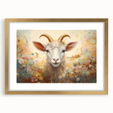 Gold-framed wall art featuring a whimsical goat design, part of a wildlife collection, with a mat and elegant presentation, perfect for modern decor.