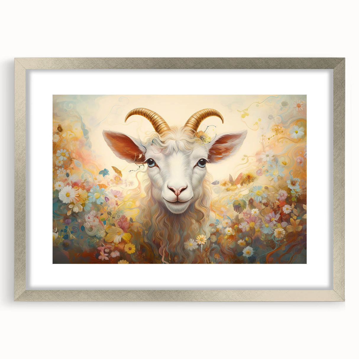 Framed wall art featuring a whimsical goat design from the "Animals: A Wild Life" collection, with a silver frame and mat, showcasing intricate details and vibrant colors. Perfect for animal lovers and home decor enthusiasts.