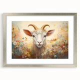 Framed wall art featuring a whimsical goat design from the "Animals: A Wild Life" collection, with a silver frame and mat, showcasing intricate details and vibrant colors. Perfect for animal lovers and home decor enthusiasts.