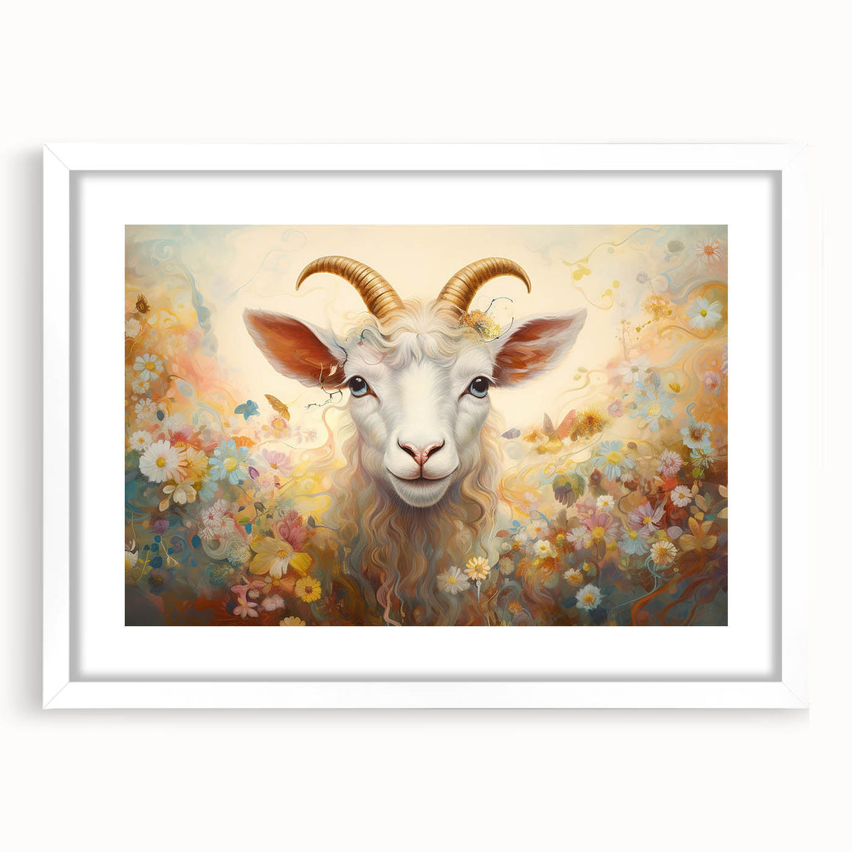 Stylish framed wall art featuring a goat design from the "A Wild Life" collection, set against a white mat for a modern aesthetic, perfect for animal lovers.