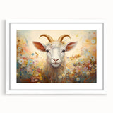 Stylish framed wall art featuring a goat design from the "A Wild Life" collection, set against a white mat for a modern aesthetic, perfect for animal lovers.