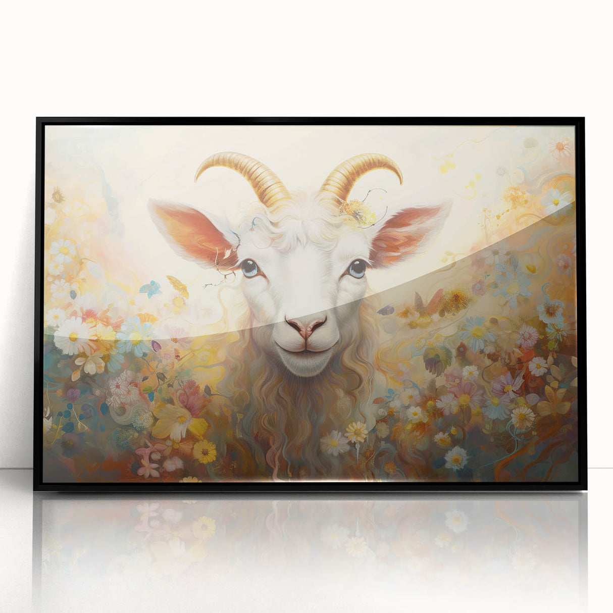 Framed wall art featuring a striking goat design from the "Animals: A Wild Life" collection, showcasing vibrant colors and intricate details against a sleek black frame, perfect for animal lovers and modern decor enthusiasts.